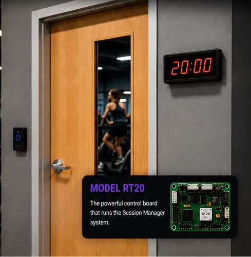 Facility room doorway with a wall-mounted countdown timer showing 20:00, an access control reader beside the door, and an inset of the Model RT20 control board that runs the Session Manager system.